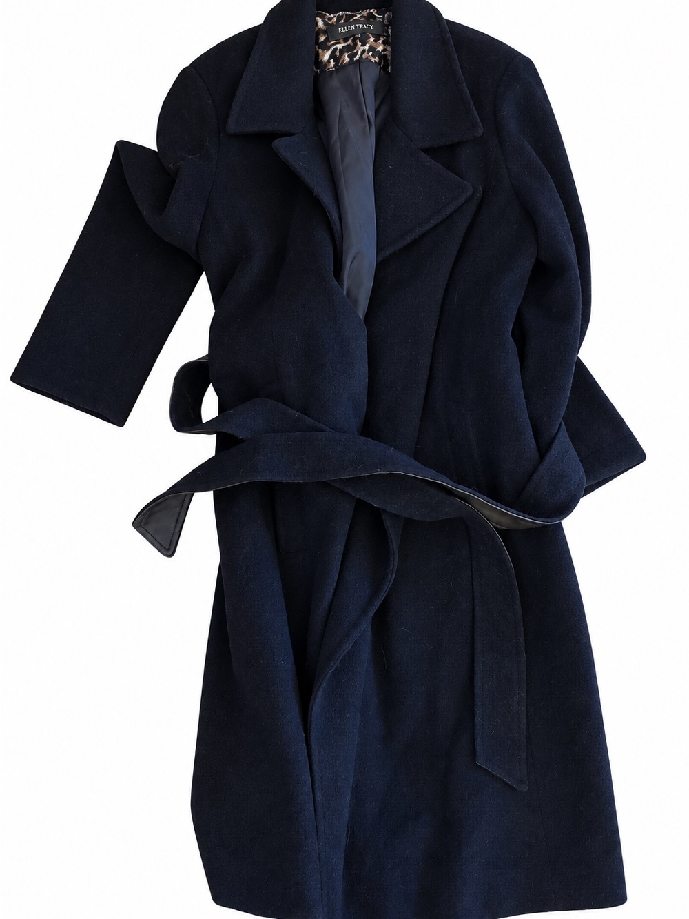 Ellen Tracy Navy Wool-Blend Belted Pea Coat